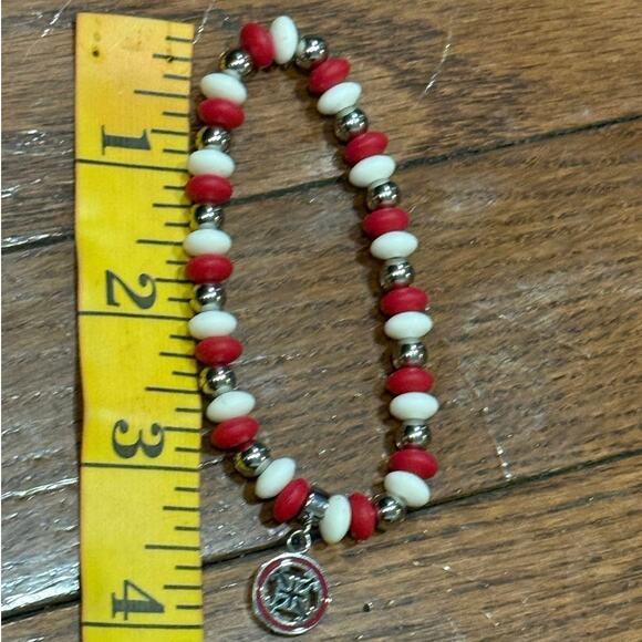 Rustic Cuff Red, White , & Silver Beads Stretch Bracelet Stackable logo charm - Picture 10 of 12
